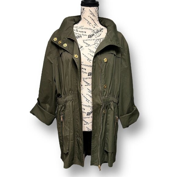 Antonio Melani XL Olive Green Hooded Utility Trench Coat Gold Zip Jacket Fall - Picture 3 of 14